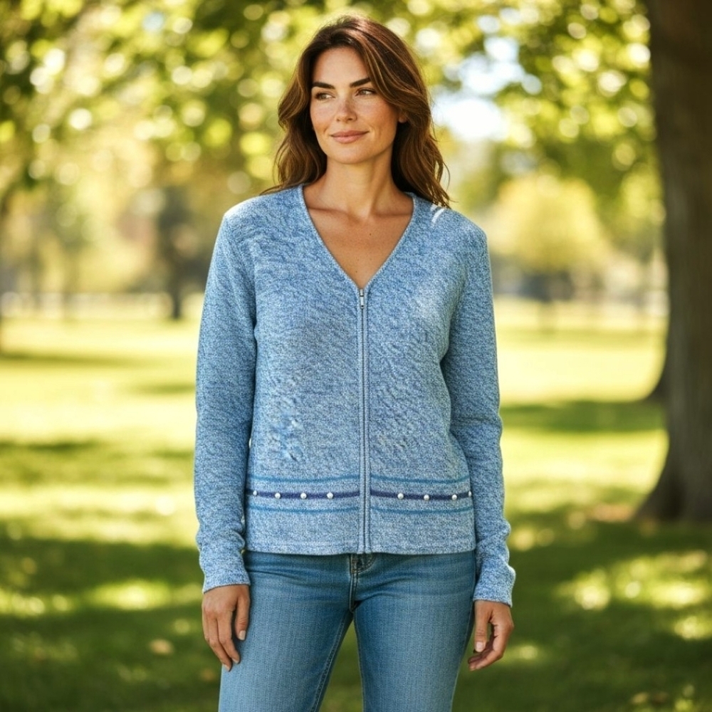 CHRISTOPHER & BANKS Warm longsleeveblue & white speckled zip-upโv- neck Sweater - Picture 1 of 16